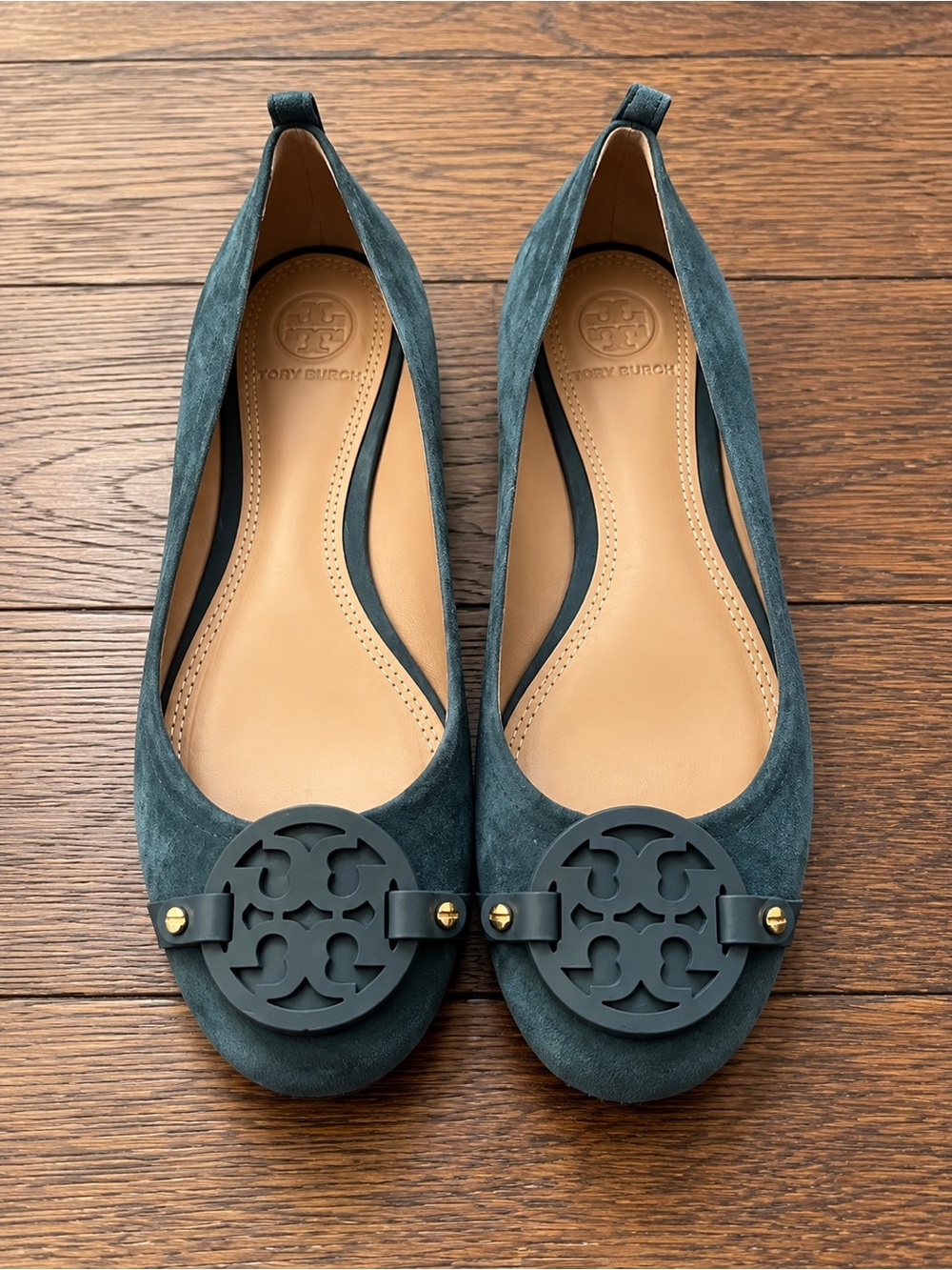 Tory Burch Teal Suede Logo Ballet Flats